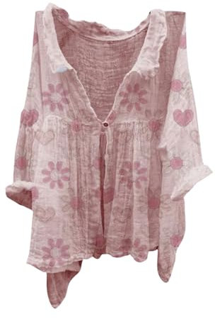 Chemisier bohème pour femme, chemise surdimensionnée en lin boutonnée à manches longues pour sortir, coupe décontractée, vacances, printemps, été, plage, yoga, chemises paysanne, 2 # rose., XL