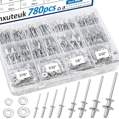 mxuteuk Lot de 780 rivets pop avec rondelle Assortiment de 14 tailles SAE en aluminium (3/32, 1/8, 5/32, 3/16, 1/4) - Rivets aveugles assortis pour métal, meubles, automobiles