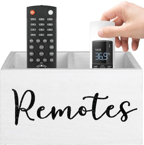 HAUYEST TV Remote Holder, Remote Control Holder with 2 Compartments, TV Controller Hholder for Table,Bedside Caddy Wooden Storage Caddy for Nightstand,Media Storage Box for Living Room, Bed (White)