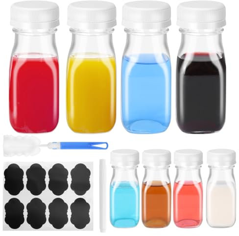 Eidoct Glass Shot Bottles with Lids 8 Pack 100ml - Reusable Clear Small Glass Bottles Complete Gift-Ready Kit (Labels, Funnel & Brush) for Travel, Homemade Beverages, Milk, Juice & Ginger Storage
