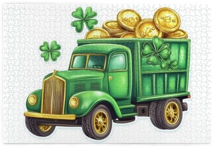 1000-Piece Wooden Jigsaw Puzzle for Adults & Kids, Day Green Truck With Gold Coin Clover Leaf Challenging Puzzle Perfect for Game Nights - 29.5 x 19.7