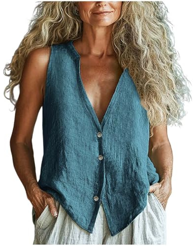 Cotton Linen Shirts Tank Tops for Women UK Clearance, Button Down V-Neck Vest Ladies Plain Cotton-Linen Sleeveless Tshirts Lightweight Breathable Blouses 2025 Summer Loose Fit Tee Shirt Blue