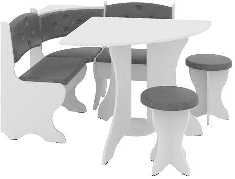 Rodnik Eckbankgruppe Bayar, 4-teiliges Set mit Eckbank, Viertelkreistisch und 2 Hockern, Weiß/Grau, Modern (Kunstleder, Weiß)
