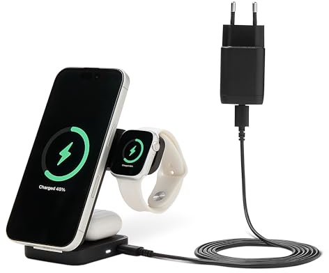 Amazon Basics MagSafe-Ladestation, Qi2.2-Zertifiziertes Kabelloses 3-in-1-Ladegerät, 25W, Faltbarer Ständer für iPhone 17/16/15/14/13/12, Apple Watch & AirPods, Inkl. 45W-Adapter, Schwarz