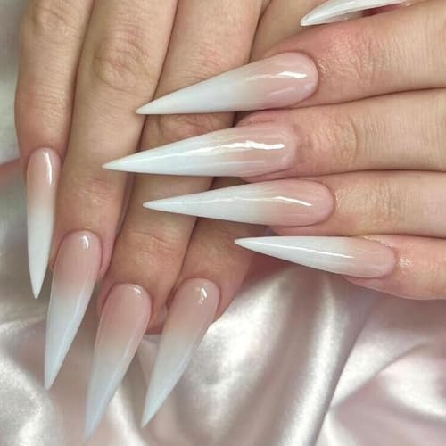 24PCS Pink to White Ombre Almond Press On Nails – Long French Tip Fake Nails with Pearl Gloss Finish & Gradient Design – Reusable Stick On Kit for Women DIY Manicure Look at Home