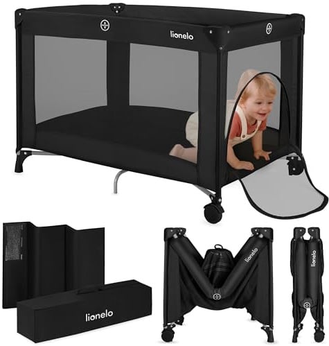 lionelo Amelie 2-in-1 Travel Cot and Playpen from Birth to 15 kg | Lightweight and Foldable, 100 x 70 cm, with Mattress, Side Zip Entry, Mesh Sides, 2 Wheels and Travel Bag