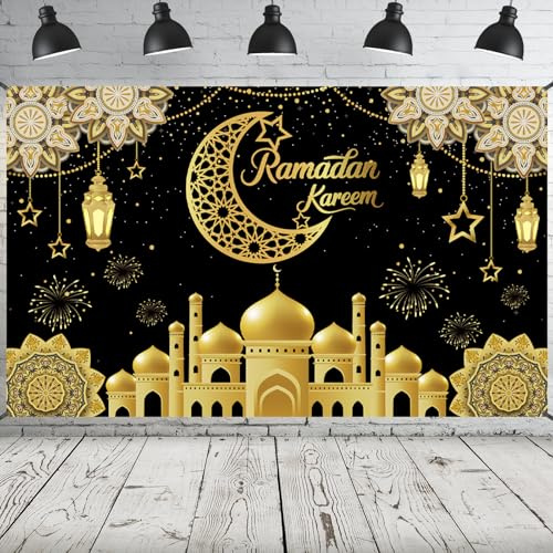 Ramadan Mubarak Banner 2026, extra großer Stoff Eid Kareem Hintergrund für Dekorationen, 183,9 x 111,8 cm Stern Mond Laternen Schlösser Fotokabinen-Hintergrund für islamische muslimische Al-Fitr