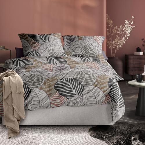 Irisette Biber Bettwäsche Koala 8628-90 Blätter Natur grau, 135x200 cm + 80x80 cm, 100% Baumwolle, wärmend, hautsympathisch, pflegeleicht, Reißverschluss, gemütliche Winterbettwäsche