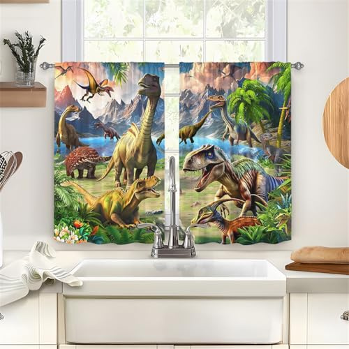 Treer 2 Stück Scheibengardine Bistrogardine Tiere Drucken Gardinen Kurz Vorhänge Verdunklungsvorhänge, Vorhang Blickdicht Waschbar Curtains für Küchen & Schlafzimmer (Dinosaurier,90x60cm)