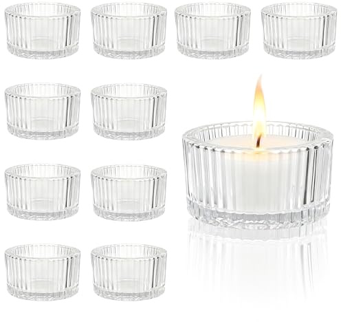 12pcs Clear Ribbed Glass Tea Light Candle Holders 5.5cm x 3.5cm | Vintage Candle Holder Tea Light Holder, for Centrepiece, Weddings, Birthday Party, Dinners, Festivals, Christmas Home Decor