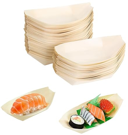 QHFlashbuy Wooden Bamboo Boats,50pcs Bamboo Plates Disposable,Eco Friendly Wood Boat Plates,Wooden Serving Boats Dishes,Sushi Boat Trays for BBQ Snack Dessert Candy Serving