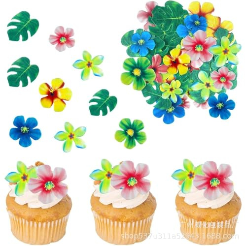 Nymora 83 feuilles de palmier tropicales comestibles et fleurs hawaïennes Cupcake Topper, comestibles floraux Cupcake Picks, Hawaii-Thèmes-Kuchendekorationen pour Dschungel-Thèmes-Geburtstagspartys