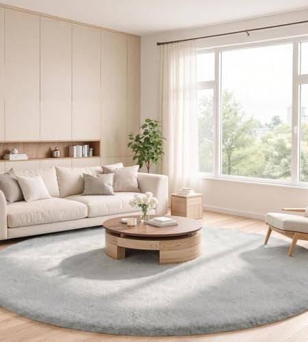 ROHATIM Teppich rund 160 cm Grau, Kunstfell, flauschig, waschbar