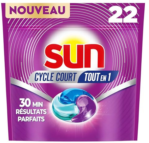 Sun - Capsules Lave-Vaisselle, Cycle Court Tout en 1, 22 Pastilles | Nettoyage complet en 30 minutes, technologie Fast Action, formule gel sans résidu, PASTILLES LAVE-VAISSELLE CYCLE COURT