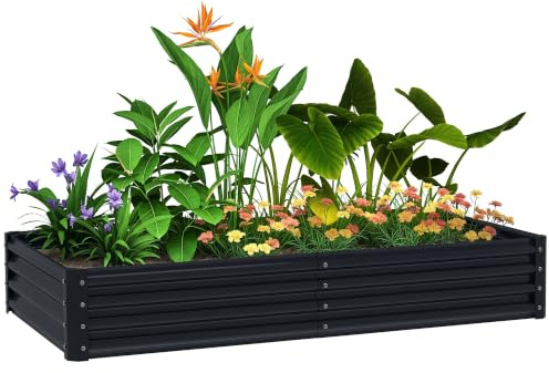 Outsunny Galvanised Raised Garden Bed, 180 x 90 x 30cm, Dark Grey | with Reinforcing Bars, Outdoor Raised Planter, Open Bottom, for Vegetables, Flowers, Herbs