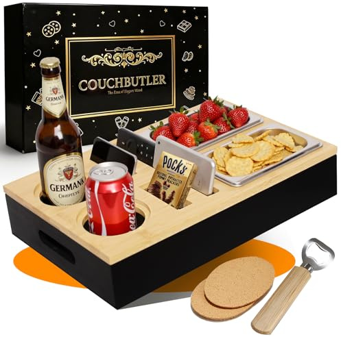 Couchbar Snackbox, Holz Sofatablett mit Edelstahl-Schalen & Getränkehalter | Holz Sofatablett mit Fächern, Edelstahl-Schalen, abnehmbarer Getränkehalter, Wohnmobil, Camping, Männergeschenk