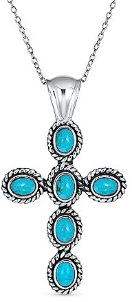 Bling Jewelry Süden Western Stil Stabilisiert Blau Türkis Seil Lünette Set Kreuz Anhänger Halskette Für Frauen .925 Sterling Silber