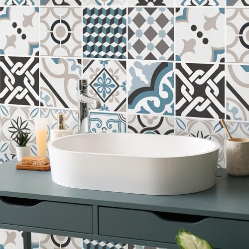 RE-COVERTILES - Autocollants Carrelage Salle de Bain et Cuisine 12 Pcs 15x15 cm - PS00054 Décoration murale en carrelage mosaïque PVC imperméable style carreaux de ciment Azulejos