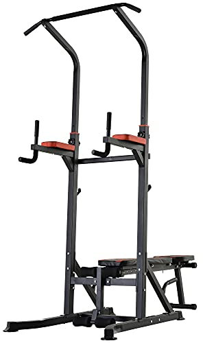 HOMCOM Power Tower Pieghevole, Stazione Fitness Multifunzione Regolabile in 7 Posizioni con Sbarra Trazioni, Dip Station, Pull UP Station e Panca Piana in Acciaio, per Home Gym Casa, Portata 150kg