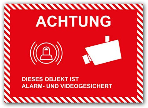 10 Stück Achtung dieses Objekt ist Alarm und Videogesichert Premium Aufkleber dieser Bereich wird videoüberwacht in A4 | 21 x 29,7cm Sticker mit UV Schutz für Außen-und Innenbereich
