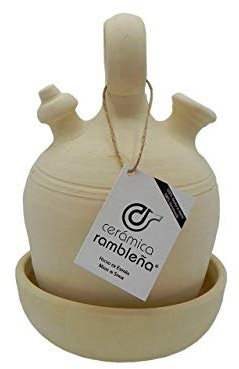 CERÁMICA RAMBLEÑA | Botijo de Barro Tradicional asa Redonda Base Ancha de La Rambla (Córdoba) | 100% Hecho a Mano | 2 litros | Eco | Plato Incluido