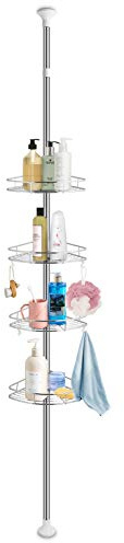 Verstellbares Eckduschregal, 4 Ebenen, Rostfreies Eisen verchromt, Teleskop 190-310 cm, Tragkraft 40 kg, Dreieck Bad Organizer
