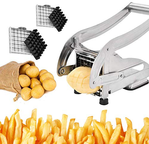 WMLBK Stainless Steel French Fry Potato Cutter - Professional Chipper With 32 and 64 Hole Replace Blades for Home and Commercial Use