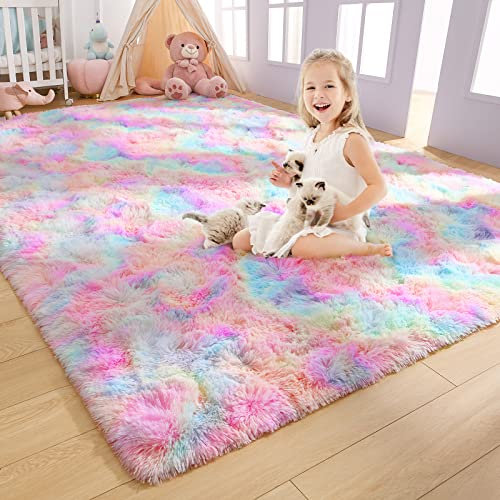 AROGAN Weicher Regenbogen-Teppich für Mädchenzimmer, 1.8x2.9 m, flauschige Mädchenzimmer-Schlafzimmer-Teppiche, Prinzessin-Teppich, niedlicher, bunter Teppich für Kinder, Kinderzimmer, Kleinkinder