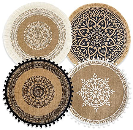 CcHhyyt Juego de 4 manteles Individuales Redondos Hechos a Mano de Estilo Bohemio de yute con borlas decoración de Mesa Retro de algodón Impermeable pompón decoración Estilo Bohemio (Mezcla Bohemia)