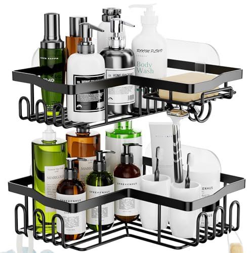 HapiRm Duschablage, Duschablage Ohne Bohren, Duschregal Ecke Schwarz Mit 11 Haken Seifenschale Und Rasiererhalter, Duschregal Edelstahl Fur Badezimmer Kuche, Duschkorb Mit 6 Klebstoff, 2 Stücke