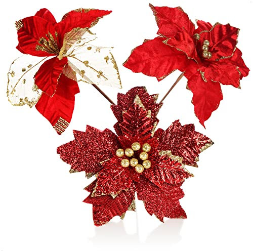 com-four® 3X Weihnachtsstern Deko-Gesteck, Kunstblumen als tolle Weihnachtsdekoration, schöner Raumschmuck, auch für Kränze und Blumenarrangements - DIY (rot + goldfarben)