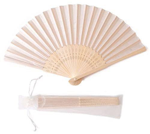 JXUN 50pcs Personalized Engraved Silk Hand Fan Wedding Fold Fan Vintage Fans Customized Wedding Favor,cream with bag,personalized