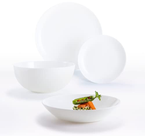 Luminarc - Collection Diwali - Service de table 19 pcs en opale blanc - 6 assiettes plates 25 + 6 ass. creuses 20 + 6 ass. dessert 19 + 1 saladier - Extra Résistant - Fabrication France