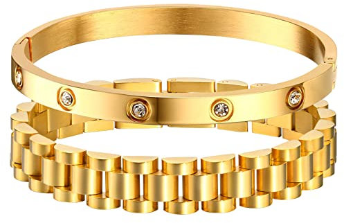 MPRAINBOW 2pcs Gold Chain Link Bracelet, Stainless Steel Crystal Friendship Bracelets Bangle,Watch Band Chains Wristband Jewelry with Adjust Tool, 18,17 centimeter, Stainless Steel, no gemstone
