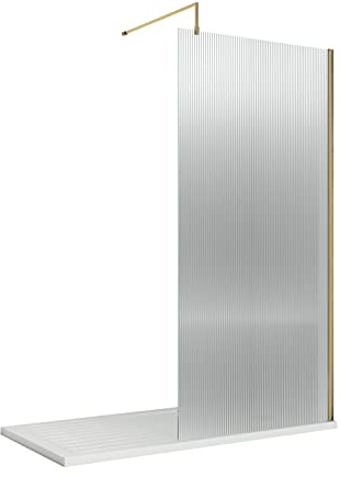 nuie WRFL18580BB Fluted Modern Bathroom 8mm Toughened Safety Glass Wetroom Screen with Bar, 800mm, Brushed Brass