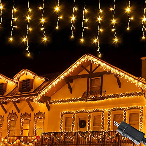 Meision Eisregen Lichterkette Außen 10m 400LEDs, Lichtervorhang mit 8 Modi und Timer, Speicherfunktion, IP44 Wasserfest, Eiszapfen Lichterkette Inner für Weihnachten Traufe Halloween, Warmweiß
