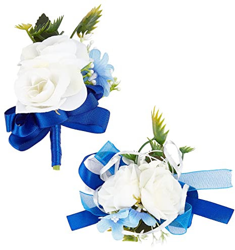 craspire 2 STÜCKE Blume Handgelenk Corsage Hochzeit Blumen Zubehör Künstliche Weiße Rose Blau Seide Armband Boutonniere Knopflöcher Rose Handgelenk Corsage