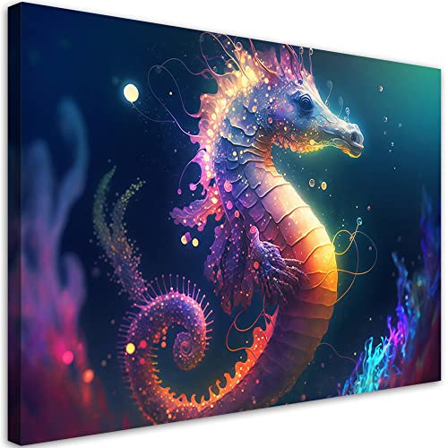 Feeby Bilder Neon Seepferdchen Meer 45x30 cm 1 tlg Modern Leinwandbilder Bild auf Leinwand Kunstdruck Wand Bild Wanddeko Design Schlafzimmer Büro Flur Hotel Spa Wohnzimmer Wasser Natur mehrfarbig