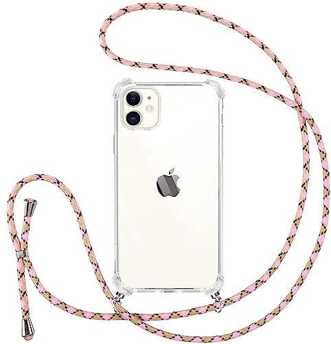 Vauki Funda con Cuerda para iPhone 11, Transparente Silicona Carcasa Correa Colgante Ajustable Collar, PC+TPU Protección Case con Cordón para iPhone 11, Rosa 01