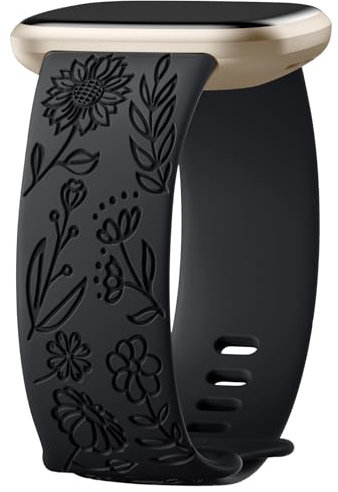 Oielai Sonnenblume Gravierte Armband Kompatibel mit Fitbit Versa 3/Fitbit Versa 4/Fitbit Sense/Fitbit Sense 2 Armband Damen, Weich Silikon Ersatzarmband für Versa 3/Versa 4/Sense 2/Sense, K Schwarz