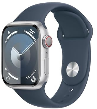 Apple Watch Series 9 [GPS + Cellular] Smartwatch con Caja de Aluminio en Plata de 41 mm y Correa Deportiva Azul tempestad - Talla M/L. Monitor de entreno, App Oxígeno en Sangre, Resistencia al Agua