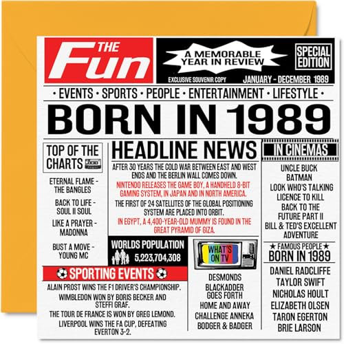 Geburtstagskarte zum 35. Geburtstag für Männer und Frauen – Born in 1989 Zeitung – Happy 35 Geburtstagskarte für Bruder, Schwester, Freunde, Vintage-Retro-Zurück im Jahr 1989, 145 mm x 145 mm, 35 mm x