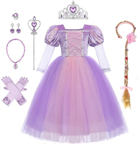 FYMNSI Prinzessin Kostüm Kinder, Mädchen Kleid mit Perücke Handschuhe Zauberstab Prinzessinnen Halloween Cosplay Weihnachten Fasching Karneval Geburtstag Partykleid Verkleidung Lila Samt 6-7J
