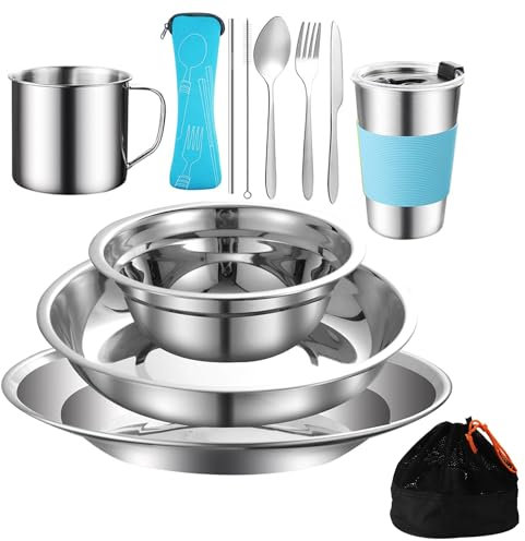 Zinueen Vajilla de camping de acero inoxidable – 10 piezas de cubertería de camping para 2 personas – Picnic – Cubiertos de viaje al aire libre para senderismo