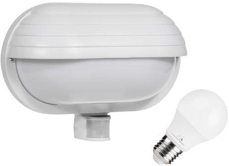Maclean MCE33 Außen Wandleuchte mit LED Leuchtmittel, PIR Bewegungssensor 180° bis 9m und Dämmerungssensor, Garten Lampe Lampenfassung Lampenhalter E27 (Weiß, Wandleuchte + 9W LED Leuchtmittel)