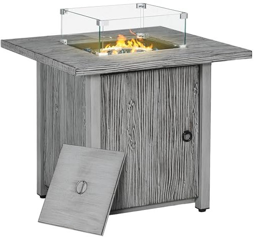 Outsunny Propane Gas Fire Pit Table for Garden, 40000 BTU Smokeless Firepit Outdoor Patio Heater with Waterproof Cover, Glass Screen, Glass Beads and Lid, Wood Effect, 71 x 71 x 62.5cm, Grey