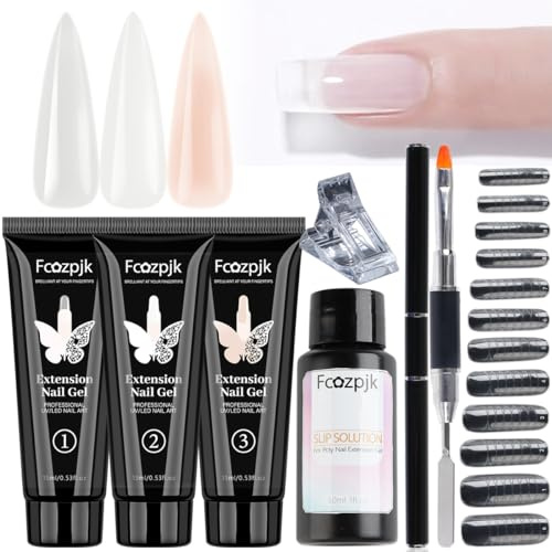 Fcozpjk Poly Extension Gel Nail Kit, Clear White Pink With Slip Solution Dual Builder Nail Forms, Clips for Poly Gel, Starter Kit for Home Manicure Set, Nude