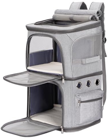 FASNATI Katzentransportbox für 2 Katzen, Katzenrucksack Große Katzen bis 12kg, perfekt für Reisen/Wandern/Camping, Grau, XL