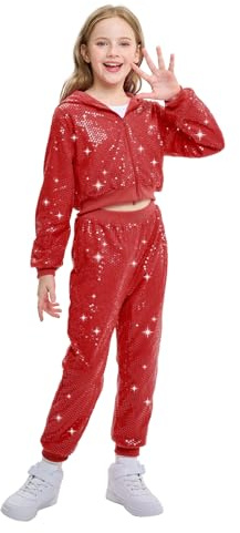 LOLANTA Niños Lentejuelas Hip Hop Traje de Baile Calle Ropa de Baile Conjunto Chaqueta Pantalón, Rojo, 11-12 años, 160