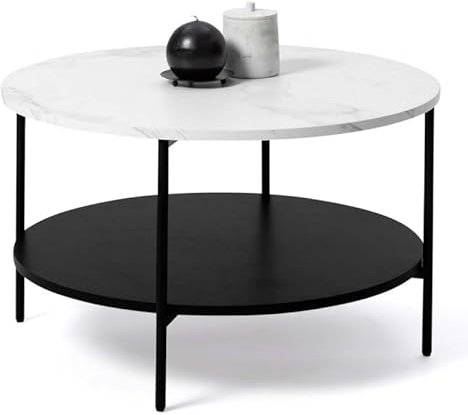 IDMarket Table Basse Ronde Double Plateau Alaska Effet marbre et Bois Noir